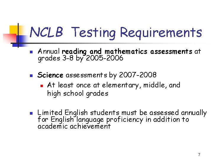 NCLB Testing Requirements n n n Annual reading and mathematics assessments at grades 3