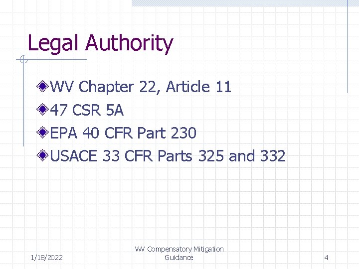 Legal Authority WV Chapter 22, Article 11 47 CSR 5 A EPA 40 CFR