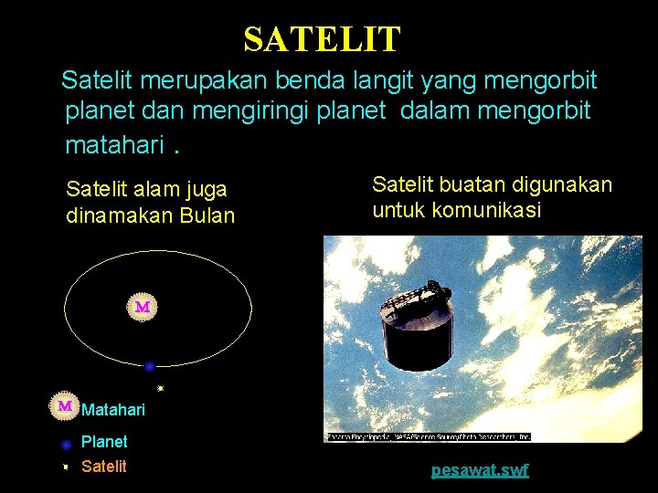 SATELIT Satelit merupakan benda langit yang mengorbit planet dan mengiringi planet dalam mengorbit matahari.