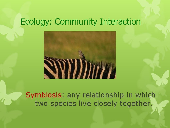 Ecology: Community Interaction Symbiosis: any relationship in which two species live closely together. 