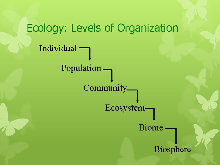 Ecology: Levels of Organization Individual Population Community Ecosystem Biome Biosphere 