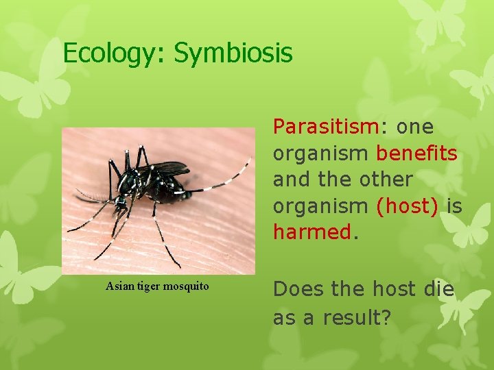 Ecology: Symbiosis Parasitism: one organism benefits and the other organism (host) is harmed. Asian