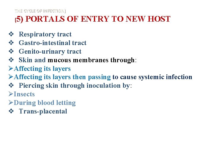 THE CYCLE OF INFECTION) (5) PORTALS OF ENTRY TO NEW HOST v Respiratory tract THE CYCLE OF INFECTION) (5) PORTALS OF ENTRY TO NEW HOST v Respiratory tract