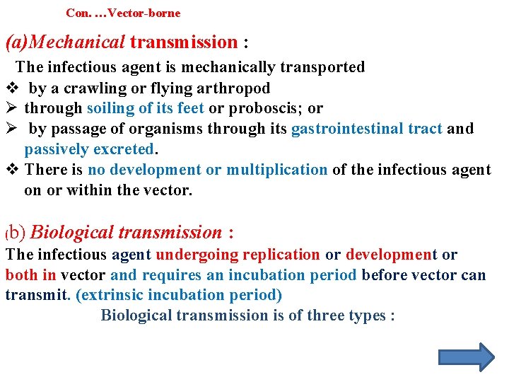 Con. …Vector-borne (a)Mechanical transmission : The infectious agent is mechanically transported v by a Con. …Vector-borne (a)Mechanical transmission : The infectious agent is mechanically transported v by a