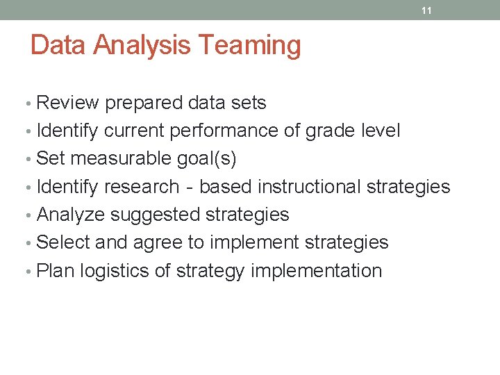 11 Data Analysis Teaming • Review prepared data sets • Identify current performance of