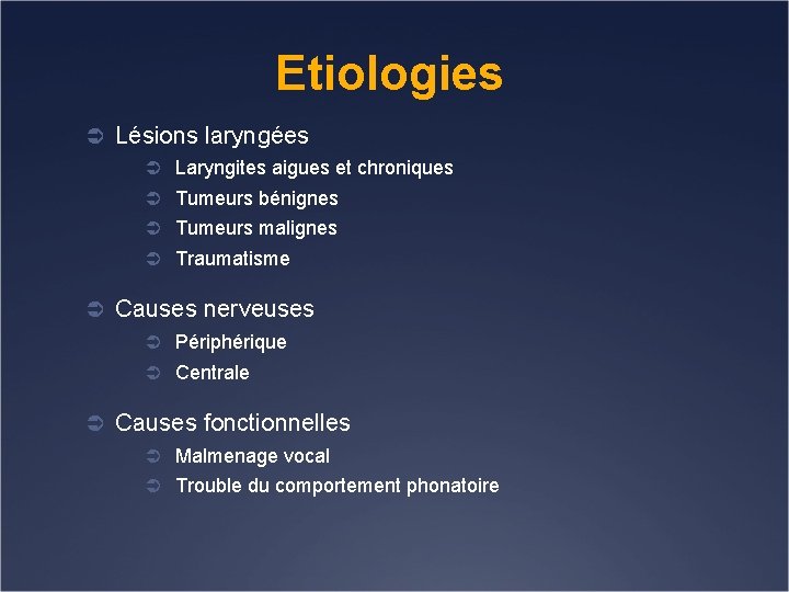 Etiologies Ü Lésions laryngées Ü Laryngites aigues et chroniques Ü Tumeurs bénignes Ü Tumeurs