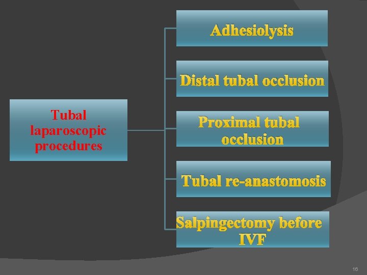 Adhesiolysis Distal tubal occlusion Tubal laparoscopic procedures Proximal tubal occlusion Tubal re-anastomosis Salpingectomy before