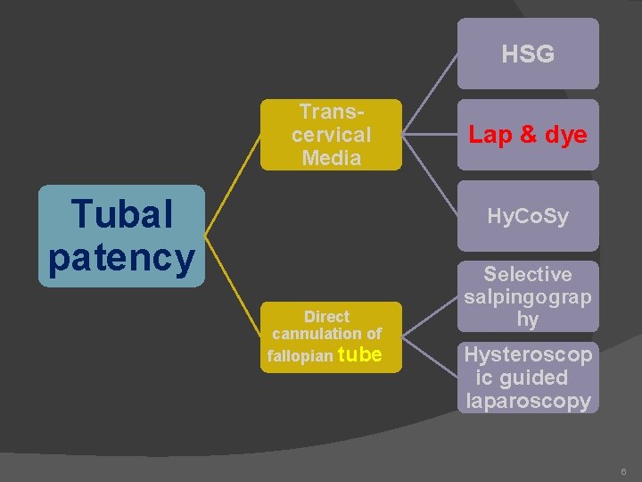 HSG Transcervical Media Tubal patency Lap & dye Hy. Co. Sy Direct cannulation of