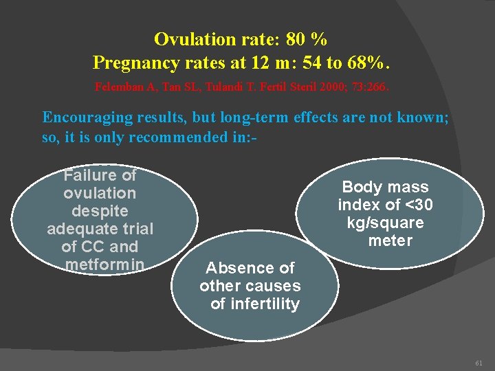 Ovulation rate: 80 % Pregnancy rates at 12 m: 54 to 68%. Felemban A,