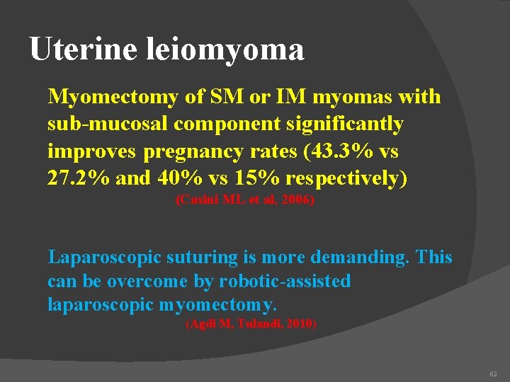 Uterine leiomyoma Myomectomy of SM or IM myomas with sub-mucosal component significantly improves pregnancy