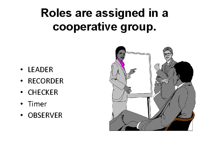 Roles are assigned in a cooperative group. • • • LEADER RECORDER CHECKER Timer