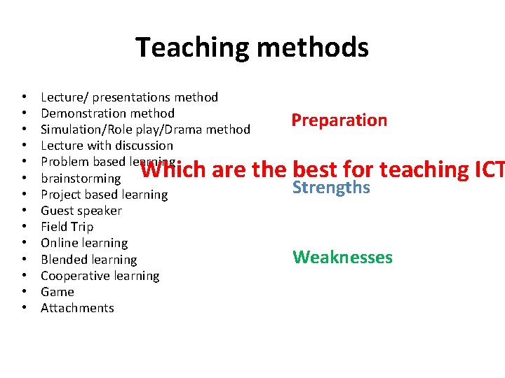 Teaching methods • • • • Lecture/ presentations method Demonstration method Simulation/Role play/Drama method