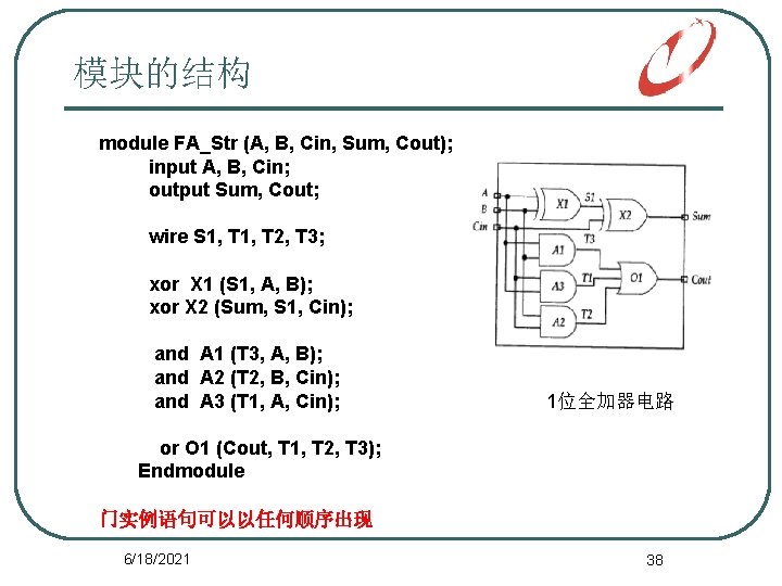 模块的结构 module FA_Str (A, B, Cin, Sum, Cout); input A, B, Cin; output Sum,