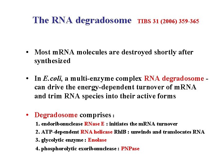 The RNA degradosome TIBS 31 (2006) 359 -365 • Most m. RNA molecules are