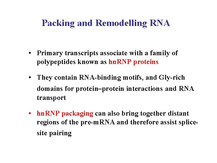 Packing and Remodelling RNA • Primary transcripts associate with a family of polypeptides known