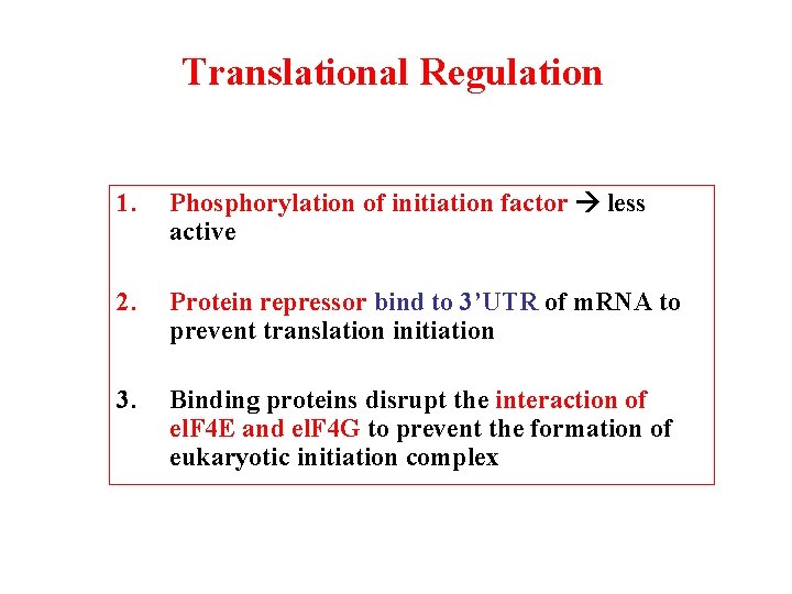 Translational Regulation 1. Phosphorylation of initiation factor less active 2. Protein repressor bind to