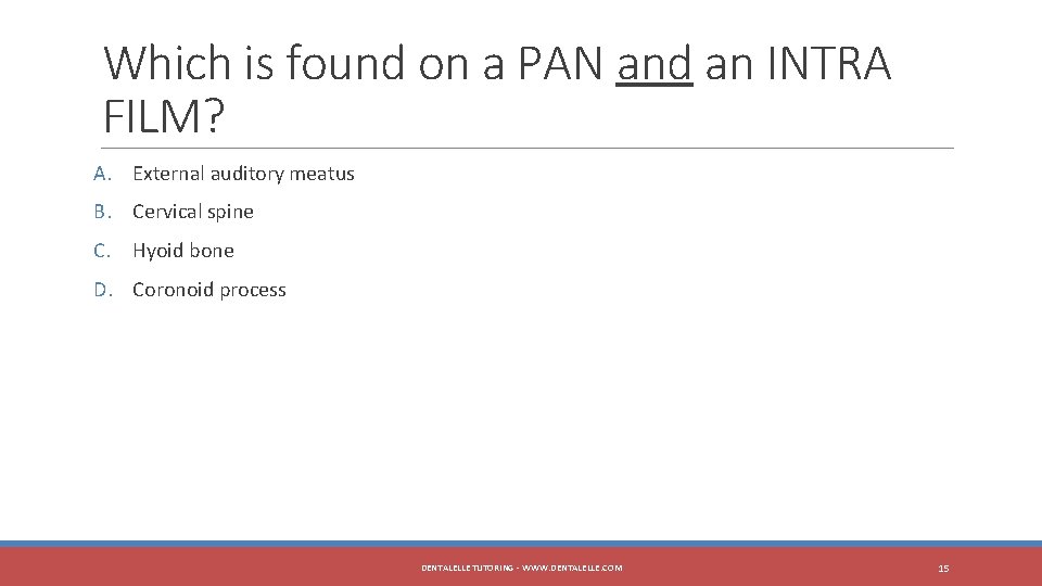 Which is found on a PAN and an INTRA FILM? A. External auditory meatus