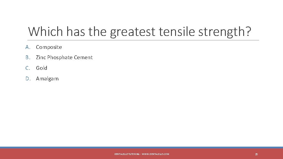 Which has the greatest tensile strength? A. Composite B. Zinc Phosphate Cement C. Gold