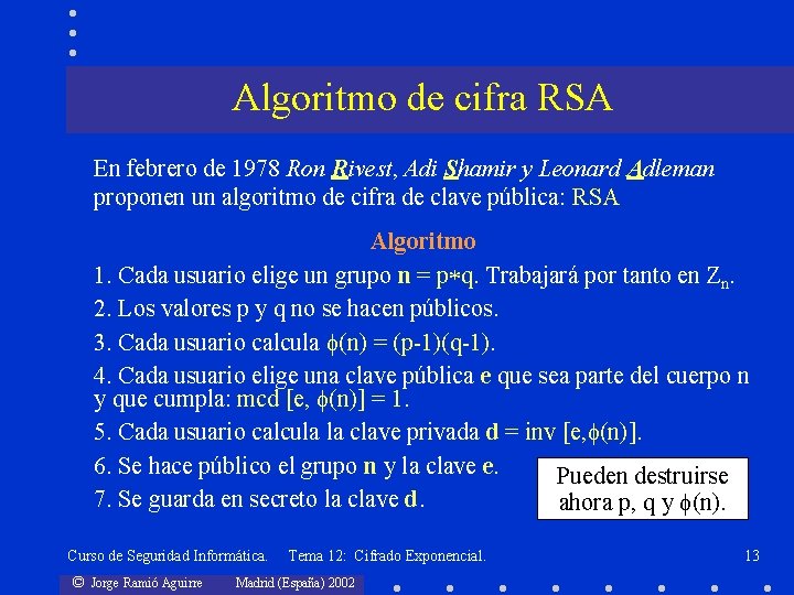 Algoritmo de cifra RSA En febrero de 1978 Ron Rivest, Adi Shamir y Leonard