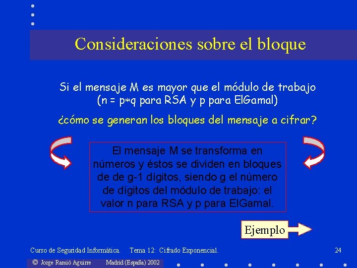 Consideraciones sobre el bloque Si el mensaje M es mayor que el módulo de