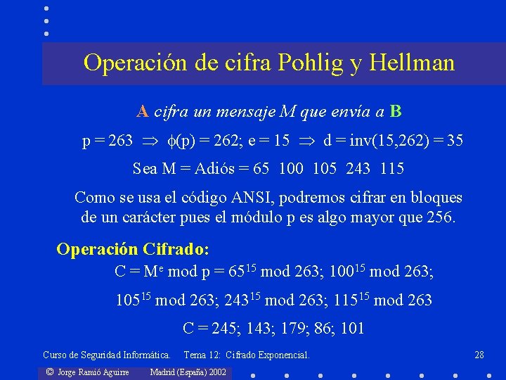 Operación de cifra Pohlig y Hellman A cifra un mensaje M que envía a