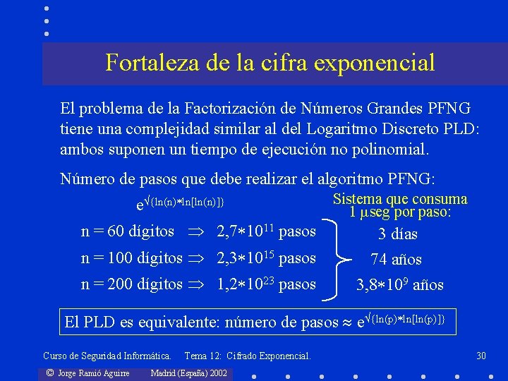 Fortaleza de la cifra exponencial El problema de la Factorización de Números Grandes PFNG