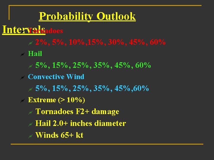 Probability Outlook ~ Tornadoes Intervals ~ ~ Hail ~ ~ 5%, 15%, 25%, 35%,