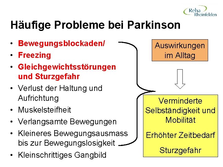 Häufige Probleme bei Parkinson • Bewegungsblockaden/ • Freezing • Gleichgewichtsstörungen und Sturzgefahr • Verlust