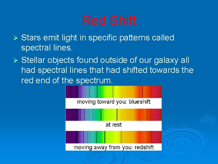Red Shift Stars emit light in specific patterns called spectral lines. Ø Stellar objects