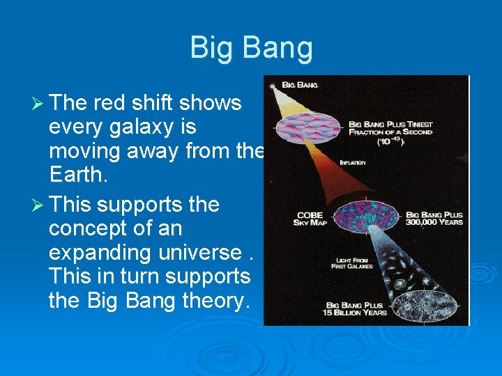 Big Bang Ø The red shift shows every galaxy is moving away from the