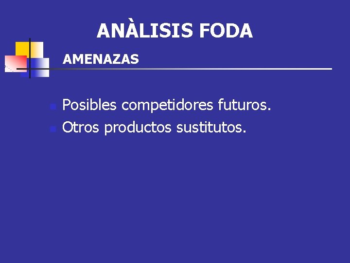 ANÀLISIS FODA AMENAZAS n n Posibles competidores futuros. Otros productos sustitutos. 