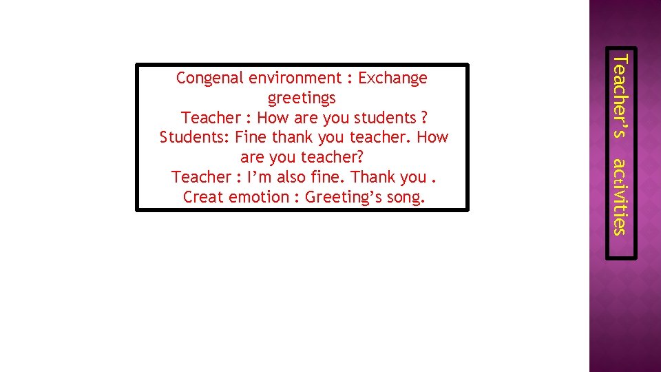 Teacher’s activities Congenal environment : Exchange greetings Teacher : How are you students ?