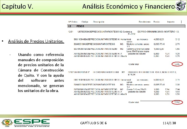 Capítulo V. Análisis Económico y Financiero • Análisis de Precios Unitarios. - Usando como