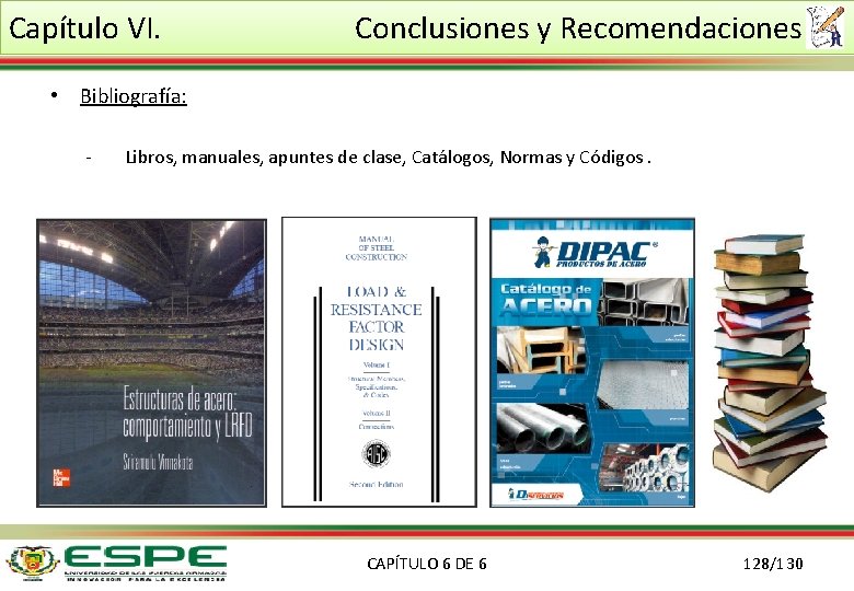 Capítulo VI. Conclusiones y Recomendaciones • Bibliografía: - Libros, manuales, apuntes de clase, Catálogos,