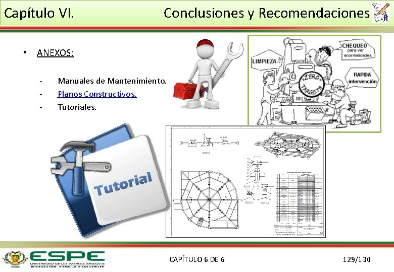 Capítulo VI. Conclusiones y Recomendaciones • ANEXOS: - Manuales de Mantenimiento. Planos Constructivos. Tutoriales.