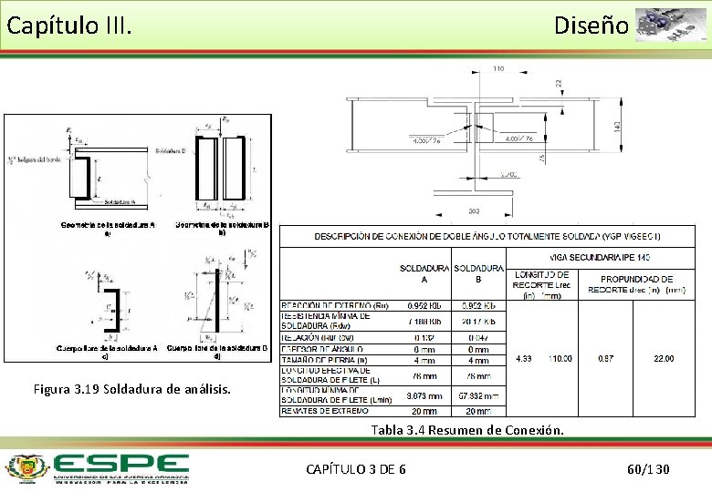 Capítulo III. Diseño Figura 3. 19 Soldadura de análisis. Tabla 3. 4 Resumen de