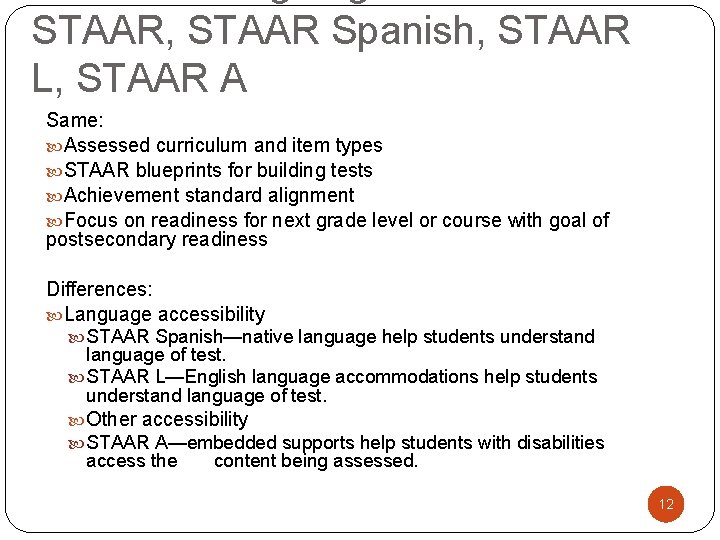 STAAR, STAAR Spanish, STAAR L, STAAR A Same: Assessed curriculum and item types STAAR
