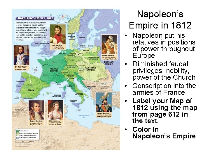 Napoleon’s Empire in 1812 • Napoleon put his relatives in positions of power throughout
