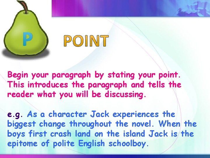 P Begin your paragraph by stating your point. This introduces the paragraph and tells