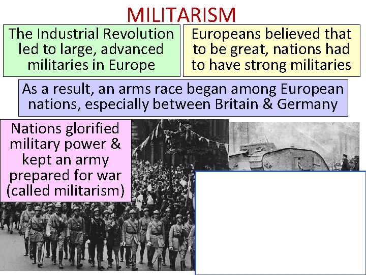 MILITARISM The Industrial Revolution Europeans believed that led to large, advanced to be great,