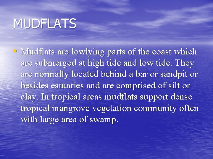 MUDFLATS • Mudflats are lowlying parts of the coast which are submerged at high