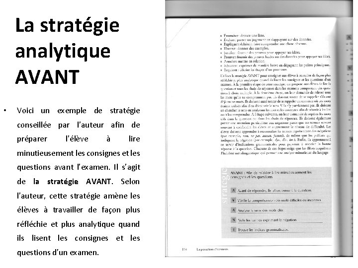 La stratégie analytique AVANT • Voici un exemple de stratégie conseillée par l’auteur afin