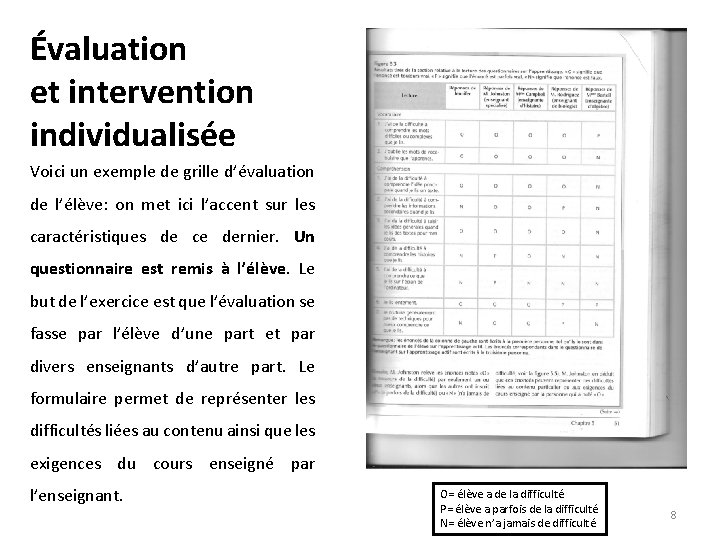 Évaluation et intervention individualisée Voici un exemple de grille d’évaluation de l’élève: on met