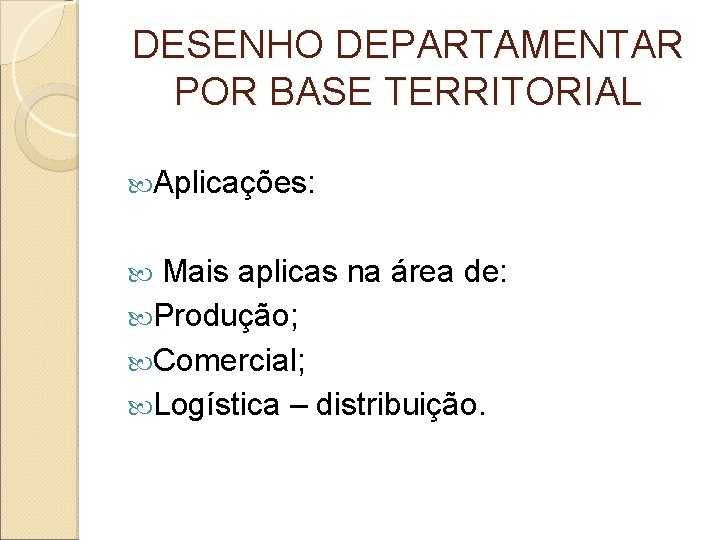DESENHO DEPARTAMENTAR POR BASE TERRITORIAL Aplicações: Mais aplicas na área de: Produção; Comercial; Logística