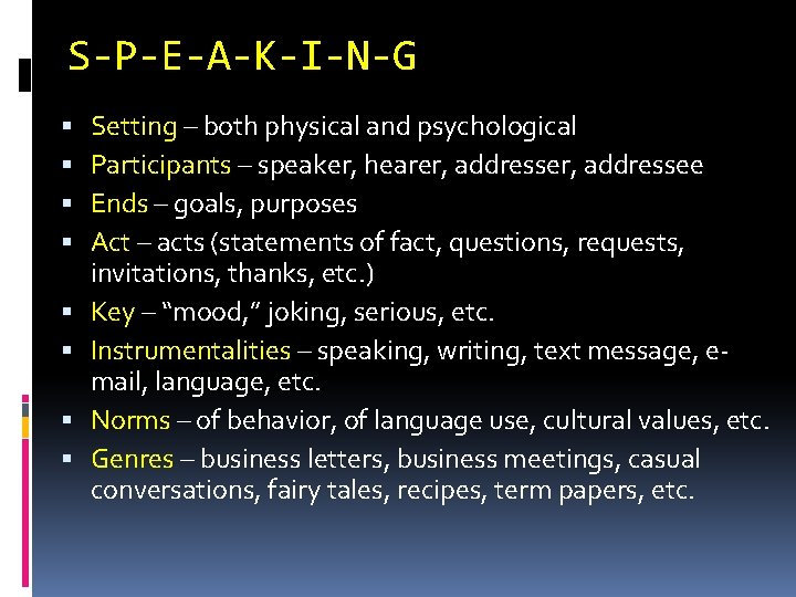 S-P-E-A-K-I-N-G Setting – both physical and psychological Participants – speaker, hearer, addressee Ends –