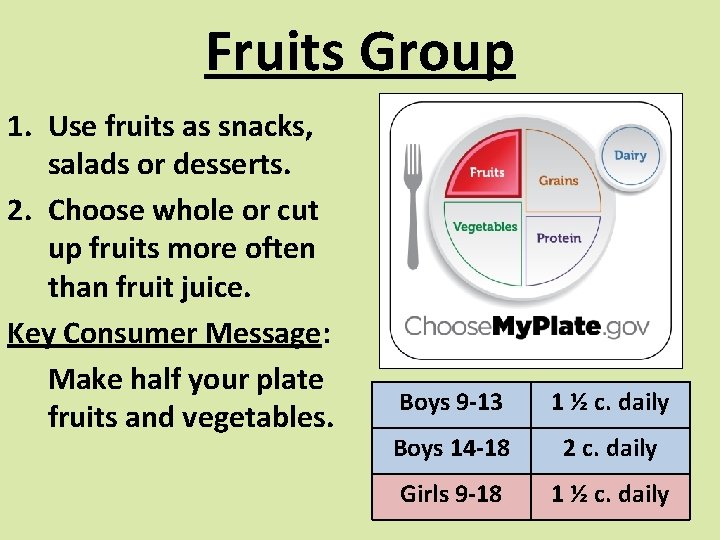 Fruits Group 1. Use fruits as snacks, salads or desserts. 2. Choose whole or