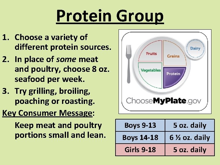 Protein Group 1. Choose a variety of different protein sources. 2. In place of Protein Group 1. Choose a variety of different protein sources. 2. In place of