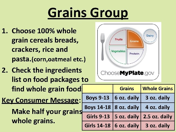 Grains Group 1. Choose 100% whole grain cereals breads, crackers, rice and pasta. (corn,