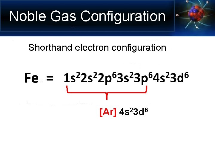 Noble Gas Configuration Shorthand electron configuration [Ar] 4 s 23 d 6 