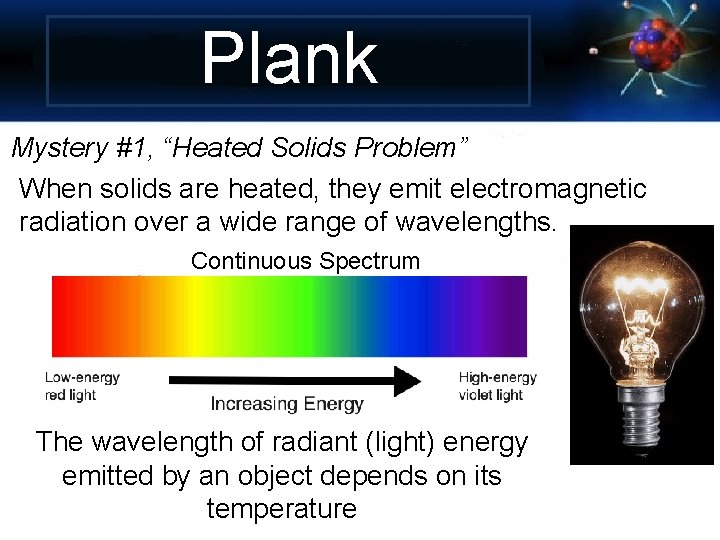 Plank Mystery #1, “Heated Solids Problem” When solids are heated, they emit electromagnetic radiation